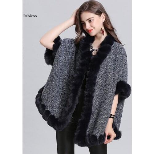 Women Winter Warm Faux Cashmere Thick Short Sleeves Coat Poncho Casual Loose Plus Velvet Faux Fox Fur Neck Cardigan