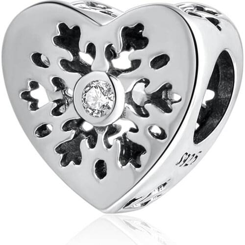 Authentic S925 Silver Snowflake Heart Charm With Clear CZ Beads fit Pandora Bracelet Bangle For Women DIY Jewelry Making