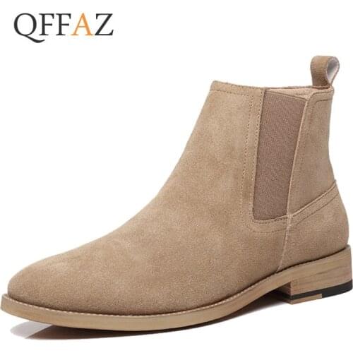 QFFAZ Spring autumn Fashion Chelsea Boots Men Slip On Cow Suede Cowboy Boots Mens Round Men Ankle Boots