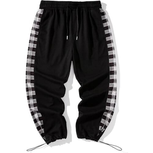 Spring Mens Joggers Pants Elastic Waist Cotton Plaid Patchwork Sweatpants Fashion Street Sports Cropped Trousers Male Female