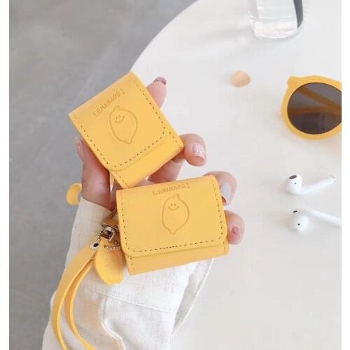 Cute Yellow Leather fruit lemon Lanyard case For Apple AirPods 2 charging shell earphone protection cover box for airpods pro 3