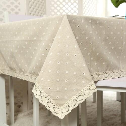 Daisy Flower Pattern Tablecloth Hot Sale Linen and Cotton Lace Edge Rectangular Table Cloth Home Hotel Textile