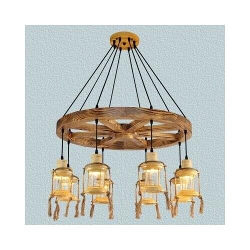 Antique Wooden Iron Pendant Chandelier Lamp Vintage Cafe Restaurant Bar Creative Personality Rural Pilot Pendant Bar Droplight