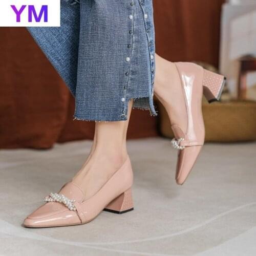 Pointed Head Shoes Square Heel Wild Shallow Mouth Womens Shoes Pearl Work Pumps Zapatos De Mujer Plataforma Tacones Mujer 2021