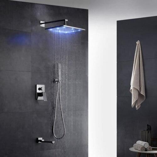 Vidric LED Wall Shower Set Square Chrome with Hand Shower in Wall Shower Faucet Rain Shower Set 8" with Water Spout ELK071