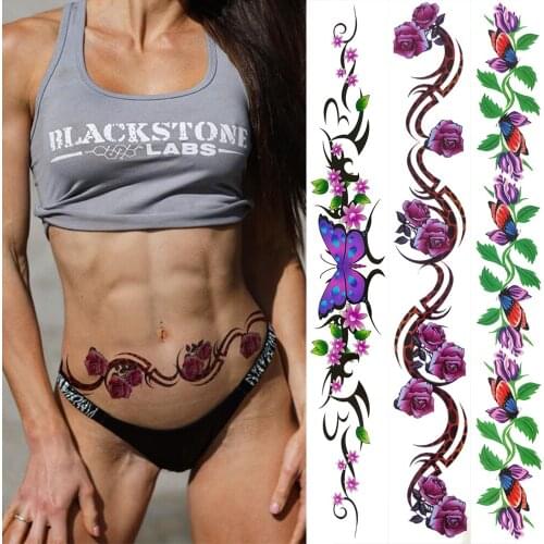 Leopard Rose Temporary Tattoos For Women Girls Fake Butterfly Flower Tattoo Decal Sexy Long 3D Waist Line Art Tatoos For Seaside