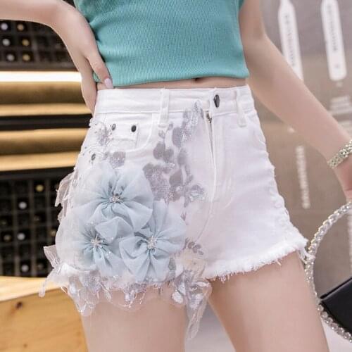 White Lace Flowers Denim Jeans Women Fashion Cowboy Shorts 2020 New Embroidery Beading Burr Shorts Large Size Casual Hot Shorts