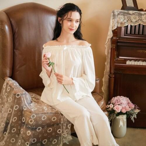 Women Long-Sleeved Cotton Pajamas Female Autumn Long Sleeve Trousers Sleepwear White Loose Pijamas Two-Piece Set Sexy Nightwear