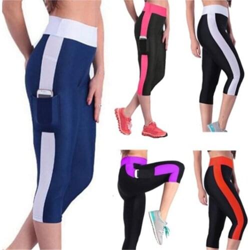 Women Patchwork Leggings High Waist With Pocket Sports Fitness Leggings Gym 3/4 Slim Ladies Cropped Pants Feminino Leggins