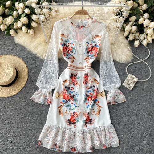 Women Fashion Thin Lace Sleeve Stitching Sweet Vintage Palace Print Runway Dress Elegant Slim Bodycon Party Vestidos