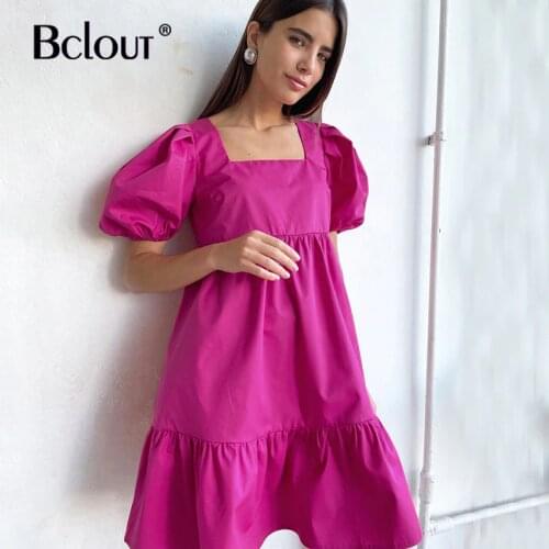Bclout Vintage Pink Puff Sleeve Short Dress For Women Sexy Lace Up Loose Summer Dresses Elegant Pleated Robe Autumn Clothing