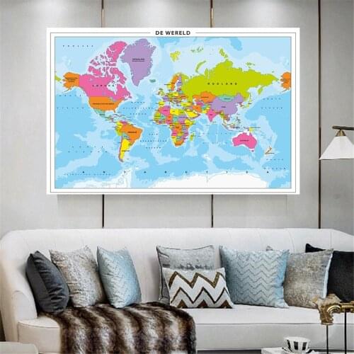 150*100 cm Political Map of The World In Dutch Non-woven Canvas Painting Wall Poster Office Home Decoration School Supplies