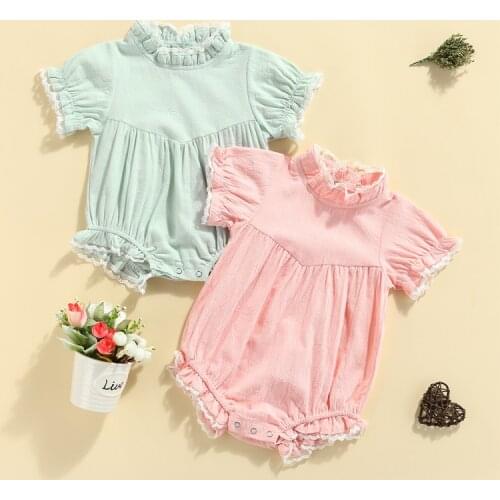 2021 Fashion Baby Girls Summer Bodysuits Lace Trim Stand Neck Short Sleeves Jumpsuit for Toddlers Girls Clothing 0-24 Months