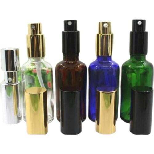 50ml 50pcs clear/blue/green/brown glass bottle with pump mist sprayer essential oil serum liquid skin care cosmetic pack