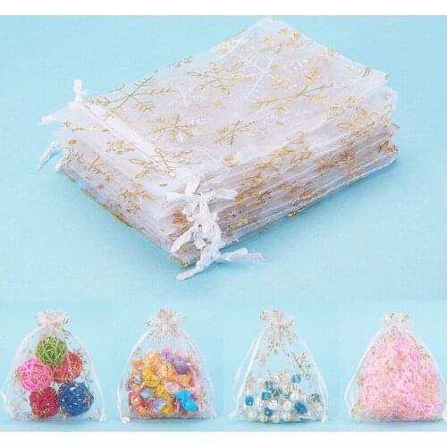 50pcs Gold Slivr Snowflake Organza Sheer Gauze Element Jewelry Bags Tulle Fabric Christmas Gift Bags Sachet OrganzaGift Bag