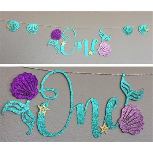 Shiny Powder Mermaid Pattern Aged Decoration Pull Flower ONE Girl Baby Little Princess Happy Birthday Party Bunting Banner qq038