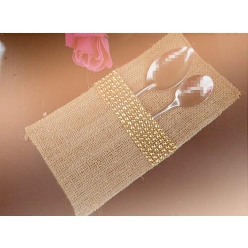 Bling Bling Gold Diamond Rhinestones Rustic Hessian Burlap Cutlery Knives and Forks Holder Pouch wedding decoraitons 100pcs