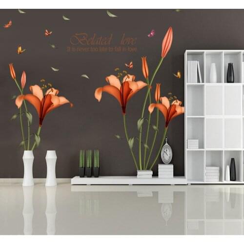 PVC Orange Flowers Wall Stickers for Childrens Bedroom Living Room Background Decorative Self-adhesive Removable Wall Stickers