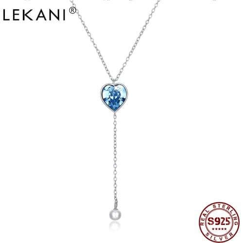 LEKANI S925 Sterling Silver Heart Pendant Long Tassels Necklace For Women Shining Blue Austria Crystal Fine Jewelry Hot sale