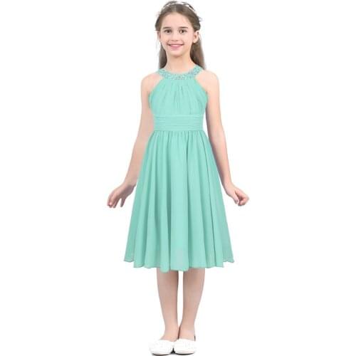 Kids Girls Summer Party Dresses Casual Wear Sleeveless Flower Shaped Rhinestone Halter Neck Chiffon Dress for Birthday Party