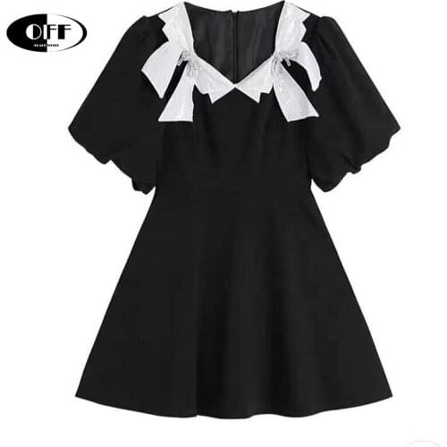 Korean chic sweet black puff short sleeve mini dresses for women patchwork bow high waist party night club dress lady clothing