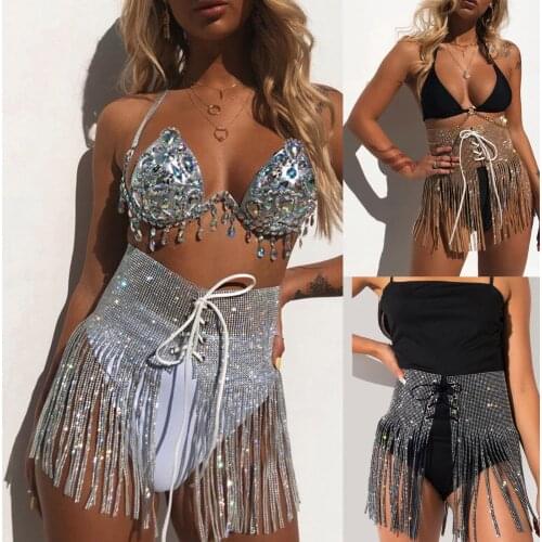 Exy Women High Waist Cross Bandage Club Mini Skirt Fringed Tassel Sequins Rhinestone Party Beach Belly Dance Short Wrap Skirts
