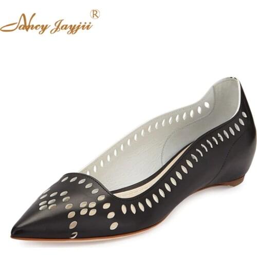 Nancyjayjii Women Ballerina Shoes Black&White Fashion Genuine Leather Cut Out Point Toe Comfortable Ballet Flats Heels Woman