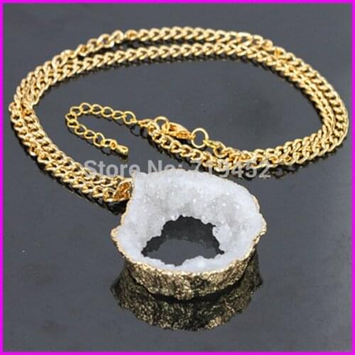 New ! 5pcs/lot White Druzy Stone Geode Pendant Druzy Gem Stone Necklace Stone Quartz Crystal Drusy Pendant Necklace Chain