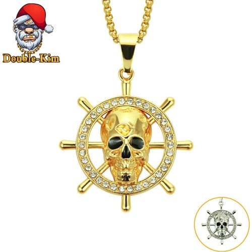 The Rudder Skull Zircon Pendant Necklace Hiphop Rock Street Culture Zinc Alloy Inlaid Zircon Chain Necklace Fashion Jewelry Gift