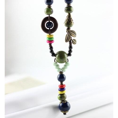 Feather Big Necklace Long Tassel Charm Chokers Ceramic Water Drop Round Pendant Statement Necklace Women Men Retro Leaf Jewelry