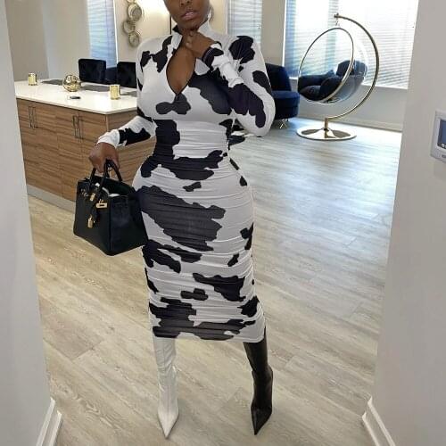 Casual Fashion Long Dress Cow Print Midi Boho Dresses Zipper Turtleneck Bodycon Clothes Woman Fall Spring New Year Streetwear