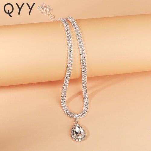 QYY Fashion Crystal Water Drop Pendant Necklace for Women Accessories Silver Color Rhinestone Bridal Wedding Jewelry Prom Gifts