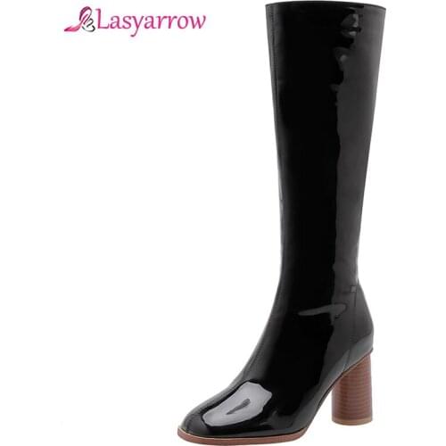 Lasyarrow Fashion Patent Pu Round High Heels Knight Riding Boots White Black Woman Shoes Winter Footwear Long Boot Botas J1053