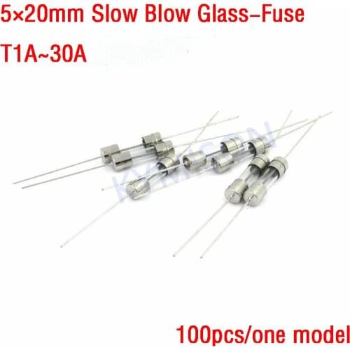 100pcs Glass-Fuse With pins Slow Blow Fuse 5mm×20mm T1A2A3.15A4A5A6.3A6.3A8A10A15A20A250V With 2 Pin Fuse 250V 5*20MM