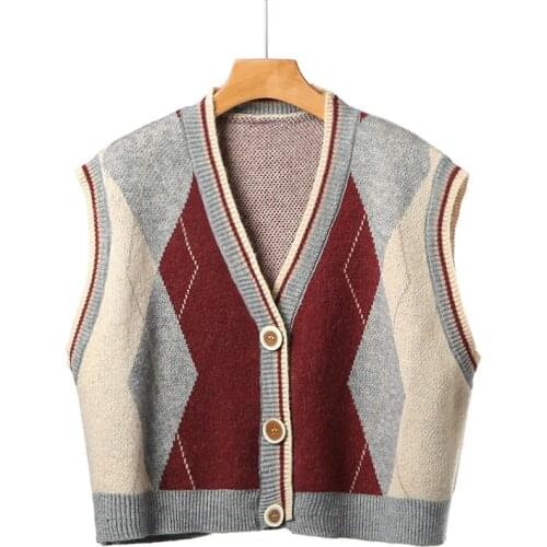 Urifens 2021 Spring Short Cardigan Vest Womens Knitting Loose Plaid Sleeveless Vintage Sweater Vest Korean College Tops BN70U