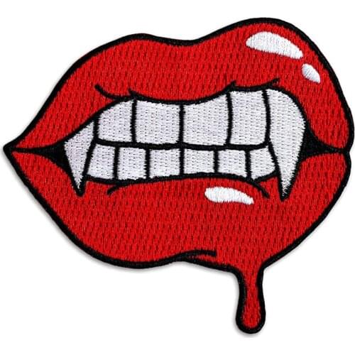 Horror Red Vampire Lips Fangs Iron On Patches For Vest Jacket Fashion Logo Embroidery Clothing Badge Halloween Gift
