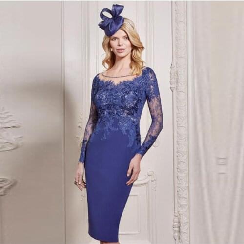 Gorgeous Royal Blue Long Sleeve Jewel Neck Short Lace Mother of the Groom Gowns Knee Length Mother Dress Appliqued