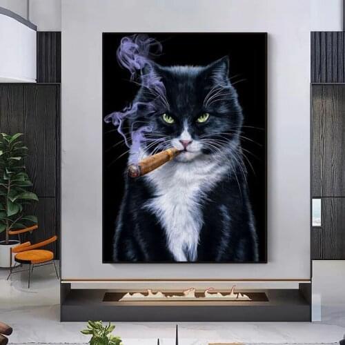 Funny Animal Cute Style Cat Smoking Cigar Canvas Painting Posters and Prints Wall Art for Living Room Home Hanging Decoration