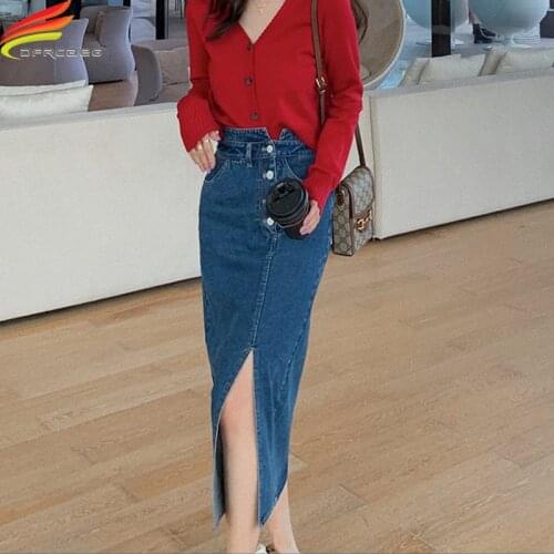 New 2021 Summer High Bud Waist Women Long Denim Skirt Pockets Blue Slit A Line Jeans Skirts Streetwear Single Buttons Saia Jeans