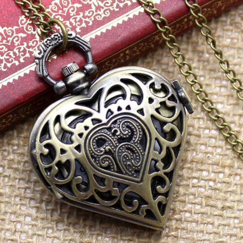 Bronze Hollow Quartz Heart-shaped Pocket Watch Necklace Pendant Chain Womens Watches LOVE Gift For Valentines Day for Women