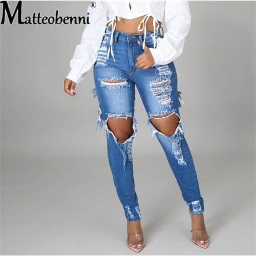 2021 Women’s Slim Fit Jeans Fashion Solid Color Ripped Hole Tassel Stretch High-waist Denim Pencil Street Casual Jean Trousers