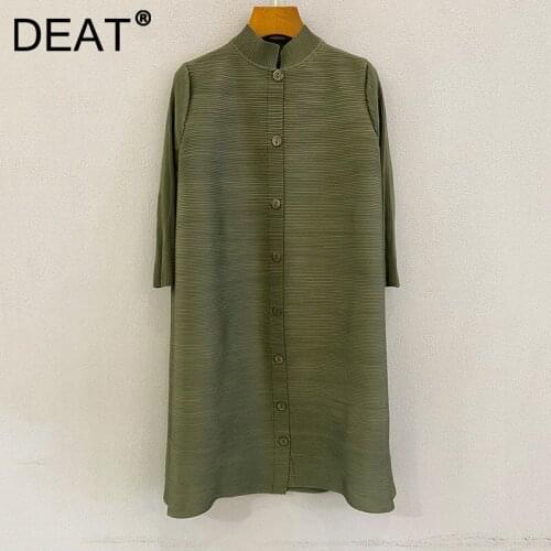 DEAT Woman Pleated coat Solid Turtleneck Single Breasted Long Sleeve Loose Cardigan Casual Style 2021 New Autumn Fashion 15XM777