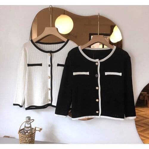 Womens Knitted Cardigan Black White Color Matching Vertical Stripes Hollow Long Sleeves Thin Top Wholesale elegant Lady Clothes