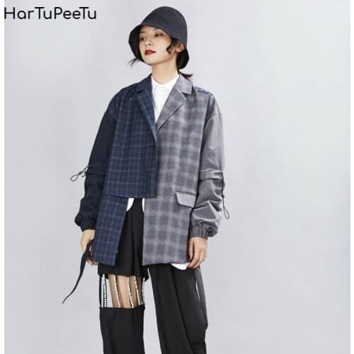 Oversize Blazer Women Long Sleeve Coat 2020 Spring Autumn Patchwork Layered Vintage Korean Bunch Cuff with Drawstring Back Split