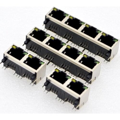 100PCS New RJ45 Network Connector Interface 56 With lights 1*2, 1*4, 8P8C Shielded Dual-Port Four-port all-copper Network Socket