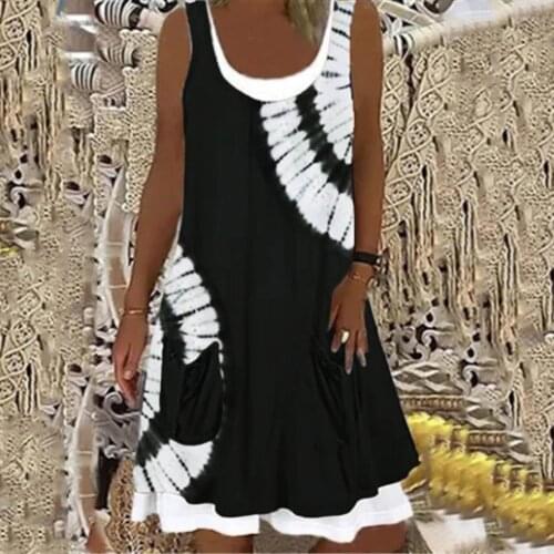 40# Printed Splice Summer Dress Casual Womens Mini Tank Dress With Pockets Sleeveless O Neck Loose A-line Dress Women Vestidos