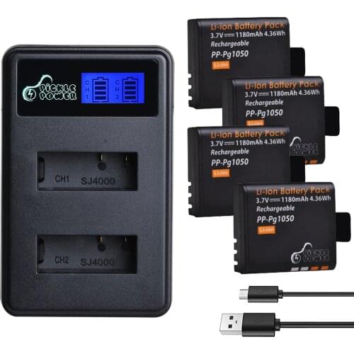 4Pcs 1180mAh PG1050 Battery and LCD USB Charger for SJCAM SJ4000 M10 SJ5000 SJ5000X For EKEN H9 H9R H8R H8 GIT PG900