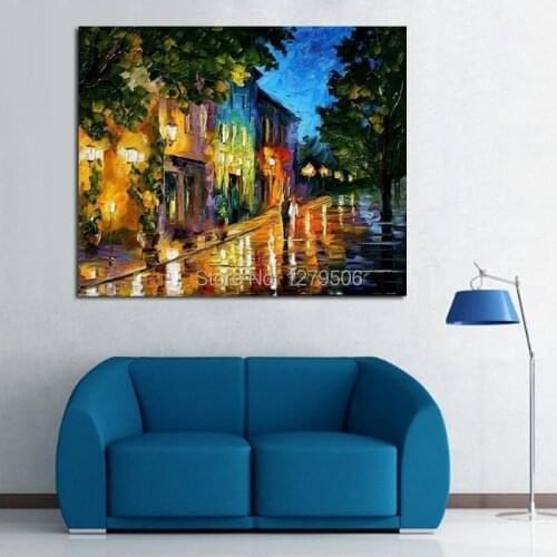 Large Handpainted Lover Rain Street Tree Landscape knife Oil Paintings On Canvas Wall Art Wall Pictures For Living Room decor