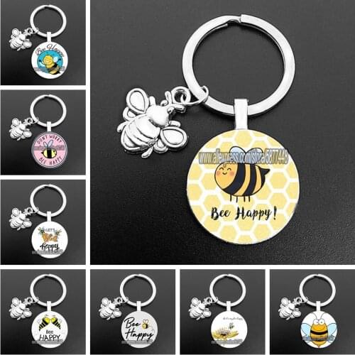 Cute Animal Bee Be Happy Glass Cabochon Keychain Key Chain Encourage Keychain Key Ring Women Men Pendant Gifts