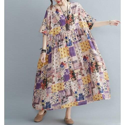 One-Piece Retro Ethnic Large Size Dress Women Vintage Loose Big Size Cotton Linen Maxi Dress Female Oversize Holiday Dress 5XL